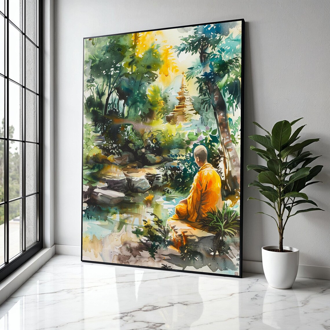 Buddhist Monk Jungle Stream Temple Watercolor Scene Art Poster