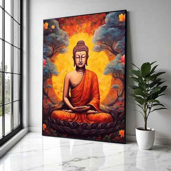 Meditative Buddha Canvas Wall Art Spiritual Meditation Decor Orange Robe Painting Zen Home Decoration Gift Print
