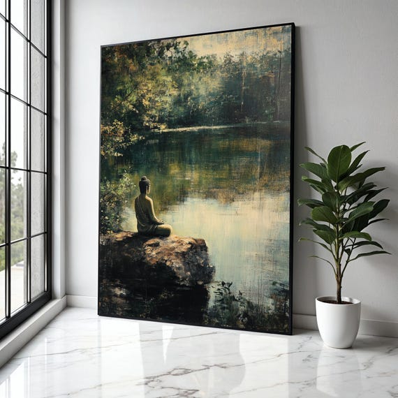 Tranquil Buddha Meditation Canvas Serene Nature Pond Wall Art Spiritual Zen Decor Calm Landscape Painting Gift Home Print