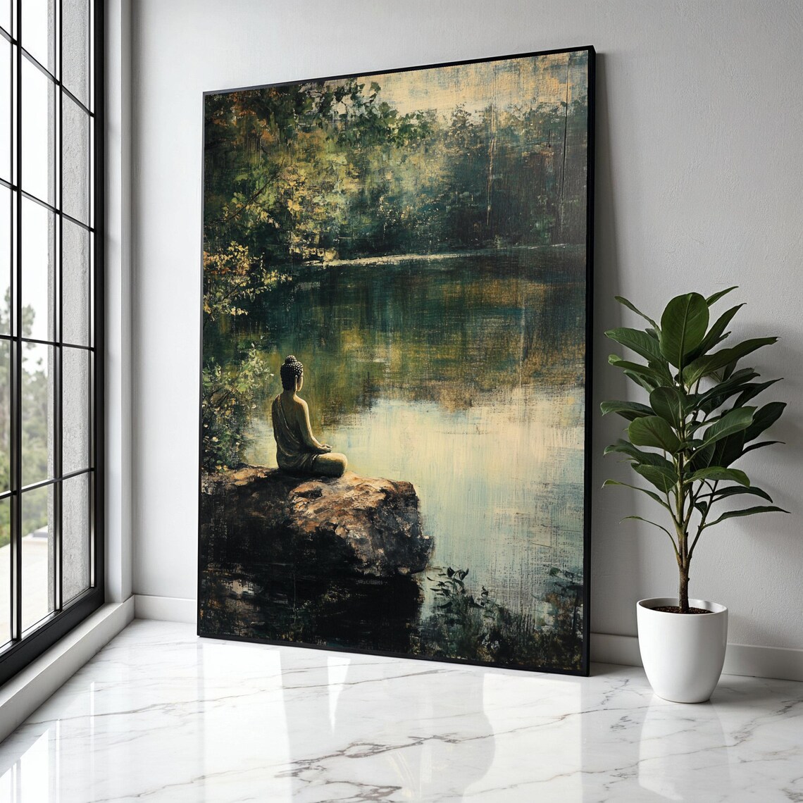 Buddha Meditating Forest Lake Impressionist Zen Calm Nature Art Poster