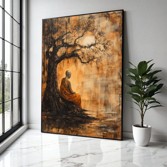 Meditative Monk Under Ancient Tree Canvas Spiritual Wall Art Zen Inspired Home Decor Tranquil Nature Scene Gift Print
