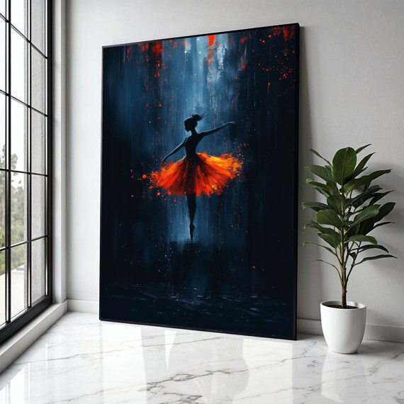 Graceful Ballerina Silhouette Fiery Orange Tutu Canvas Modern Dance Wall Art Abstract Ballet Painting Home Gift Decor Print