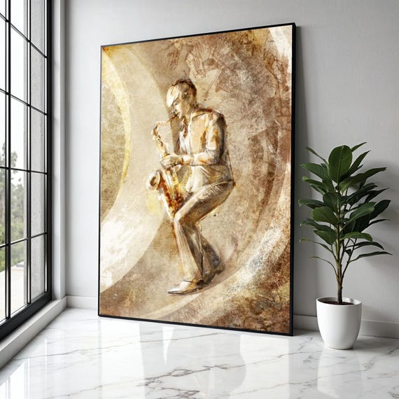 Jazz Saxophone Player Canvas Wall Art Vintage Music Illustration Musician Print Retro Decor Gift Home