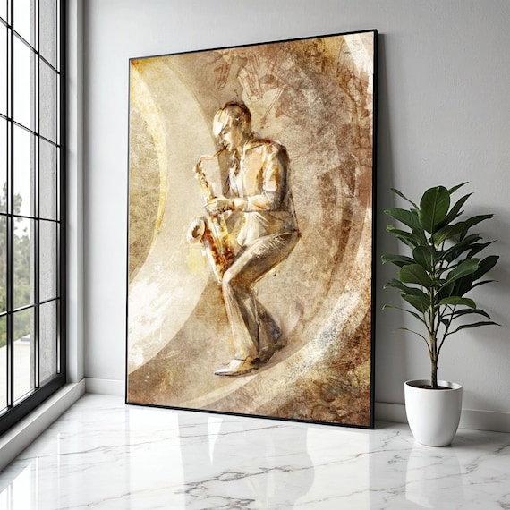 Sepia Jazz Saxophonist In Golden Sketch Vintage Illustration Poster