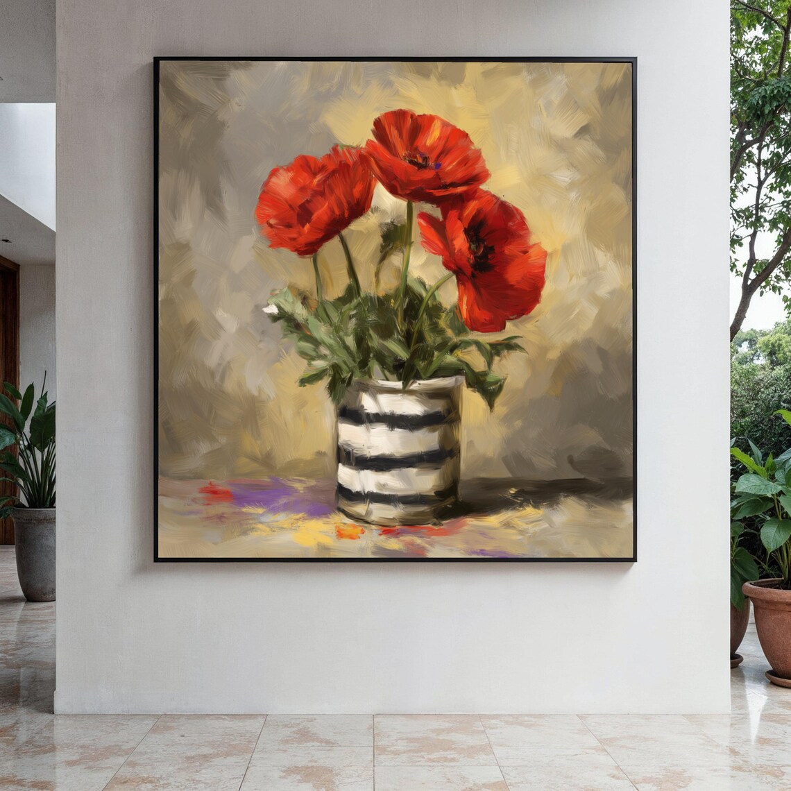 Red Poppies Striped Vase Impressionist Floral Still Life Poster