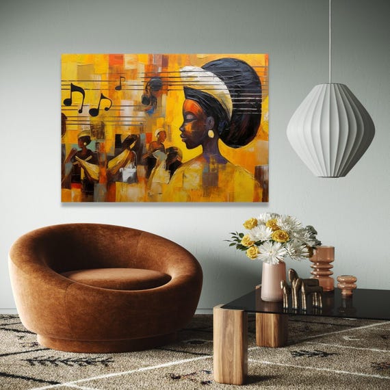 Vibrant African Woman Portrait Canvas Musical Notes Wall Art Contemporary Abstract Ethnic Home Gift Decor Print