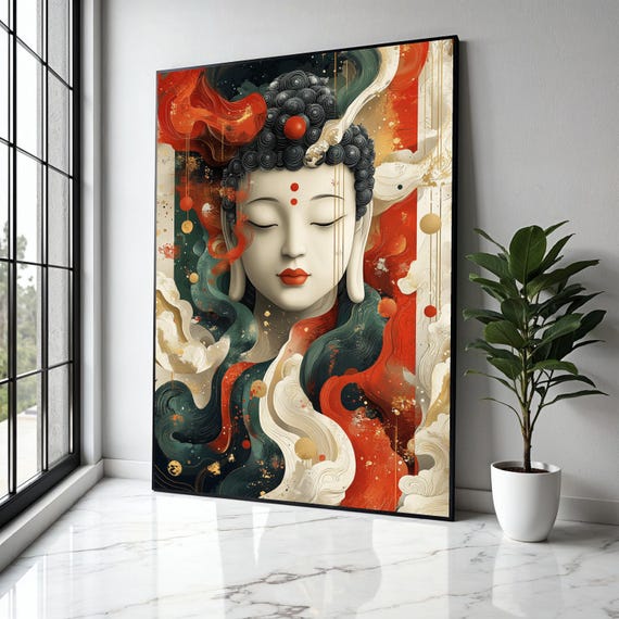 Serene Buddha Face Canvas Abstract Spiritual Wall Art Meditation Decor Peaceful Zen Colorful Home Gift Print