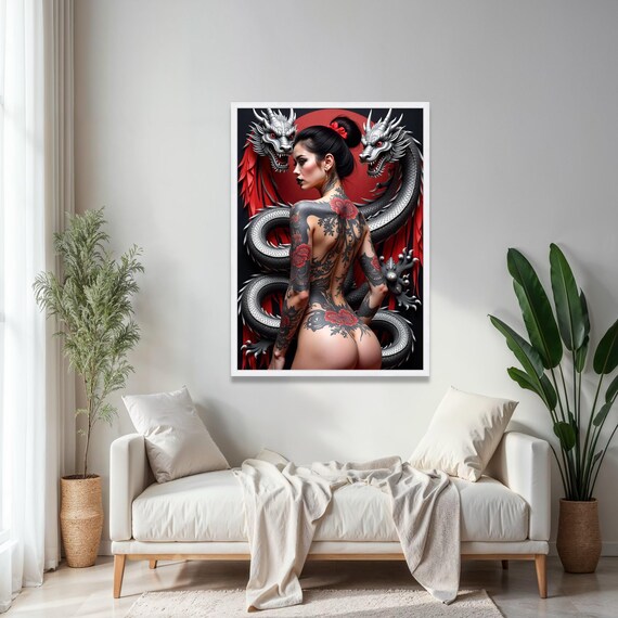 Bold Tattooed Woman With Red Floral Art Asian Dragon Canvas Modern Body Wall Decor Edgy Contemporary Gift Home Print