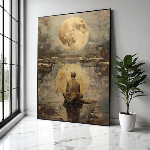 Meditative Monk With Full Moon Canvas Wall Art Spiritual Reflection Painting Abstract Zen Decor Meditation Gift Home Print