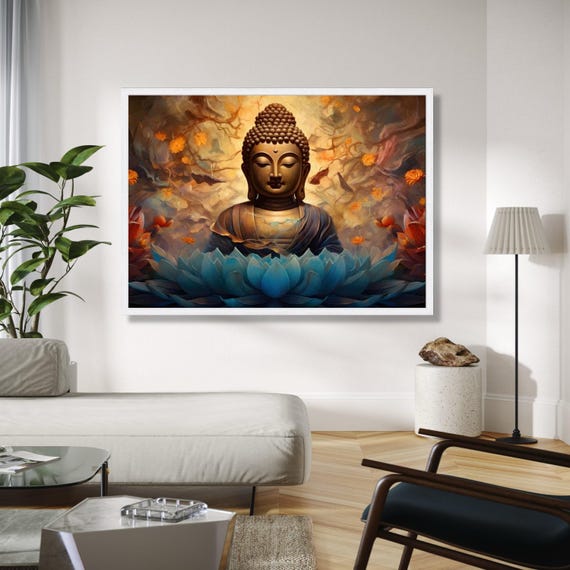 Tranquil Buddha Statue Canvas Blue Flower Wall Art Spiritual Meditation Decor Zen Buddhist Gift Home Print