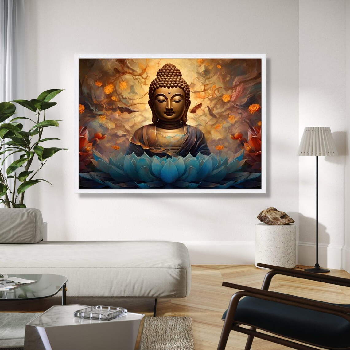Golden Buddha on Blue Lotus Flower Zen Meditation Spiritual Calm Poster