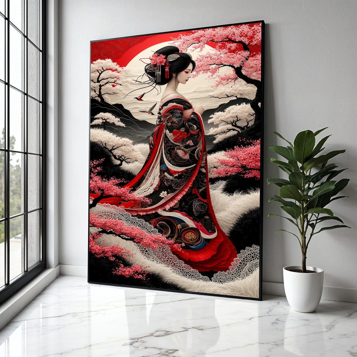 Geisha Among Cherry Blossoms Red Sun Mountains Black Kimono Art Poster