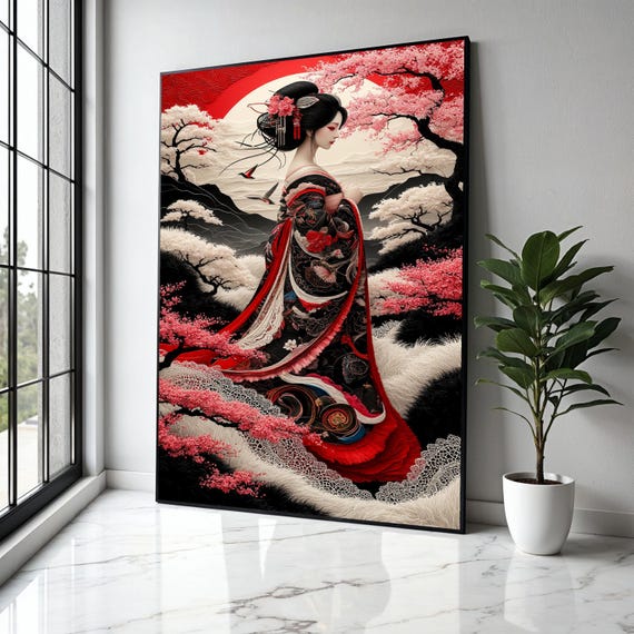 Elegant Geisha In Traditional Kimono Japanese Cherry Blossom Canvas Oriental Woman Portrait Wall Art Red And Gift Home Decor Print
