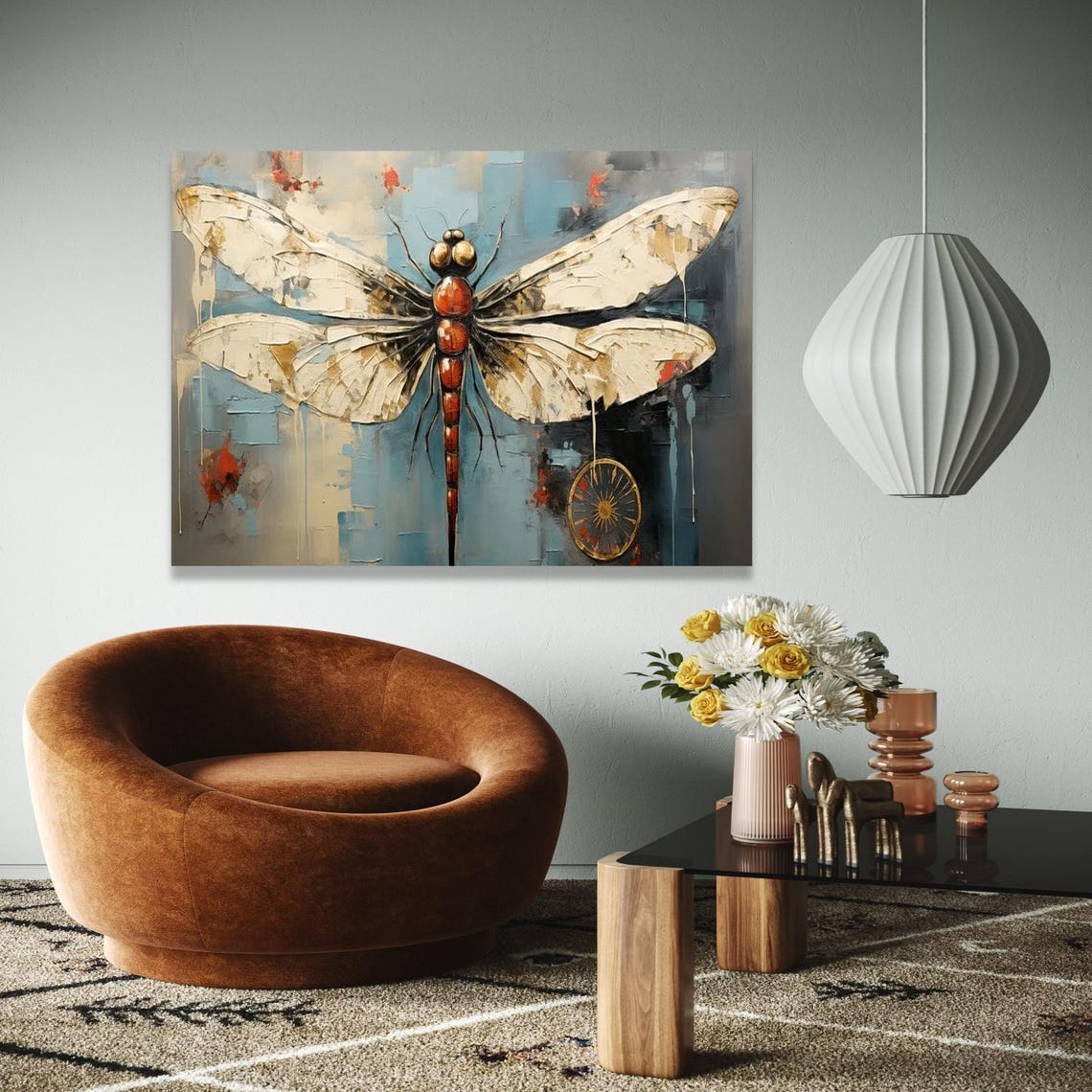 Giant Dragonfly on Distressed Blue Background Rustic Insect Art Poster