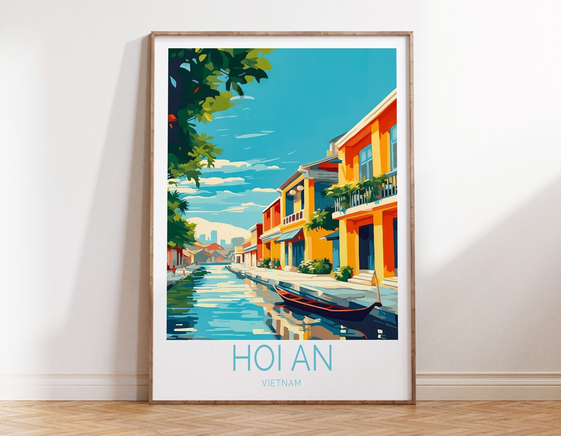 Hoi An Vietnam Canal Old Town Yellow Houses Boat Travel Poster