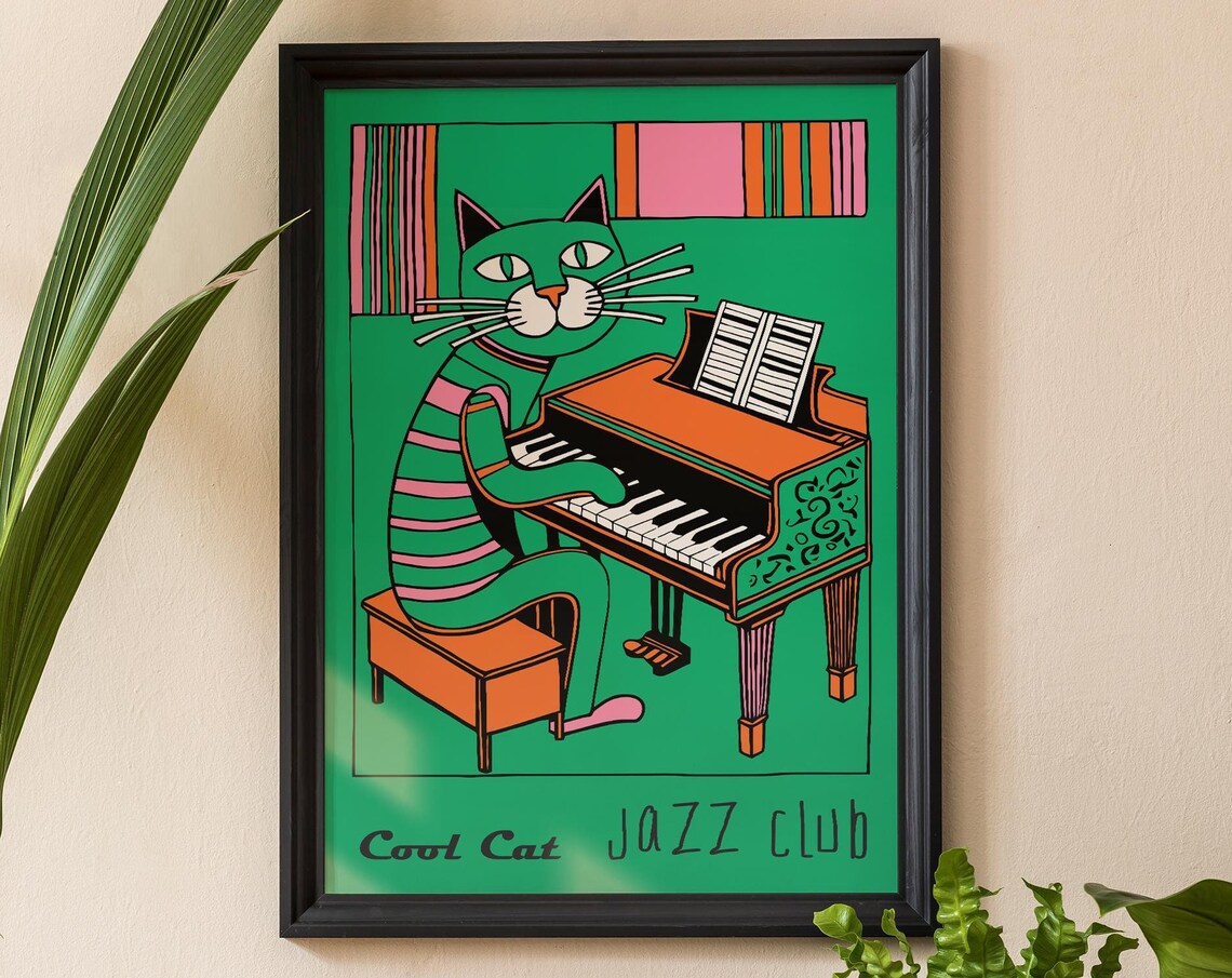 Cool Cat Jazz Club Green Cat Playing Piano Whimsical Music Poster