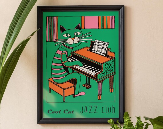 Cool Cat Jazz Club Green Cat Playing Piano Whimsical Music Poster