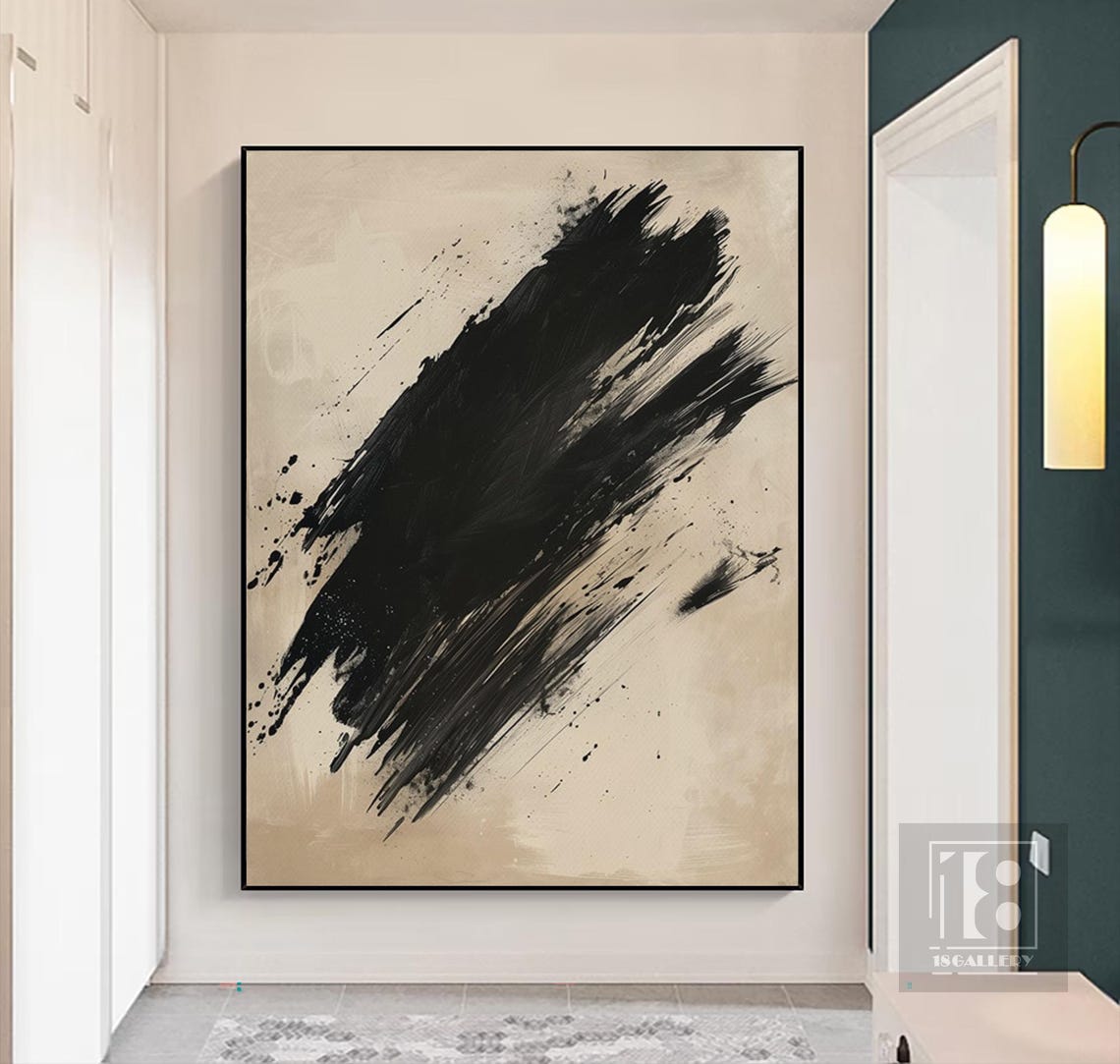 Bold Diagonal Black Brushstrokes on Warm Beige Abstract Poster - Image 3