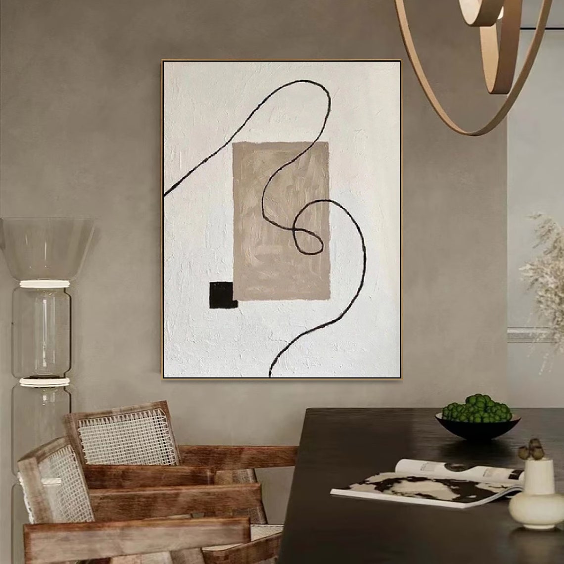 Minimalist Black Line Flow on White With Beige Block Abstract Poster - Image 2