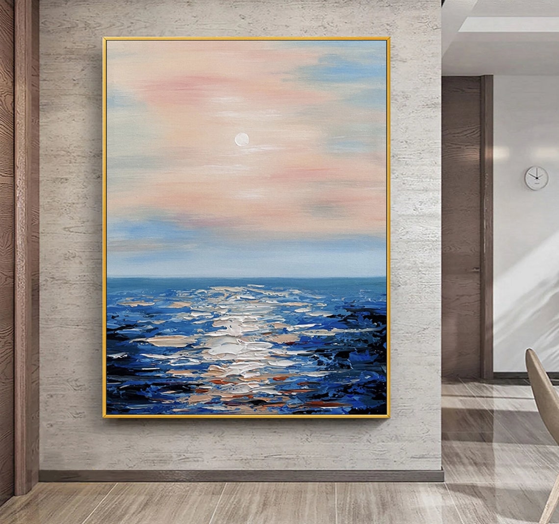 Pink Sunset Full Moon Textured Blue Ocean Seascape Abstract Poster - Image 5