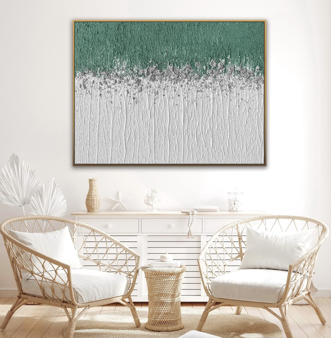 Large Green White Abstract Painting On Wall Art Green White Minimalist Painting Green White Textured Wall Art Green Textured Painting - Image 2