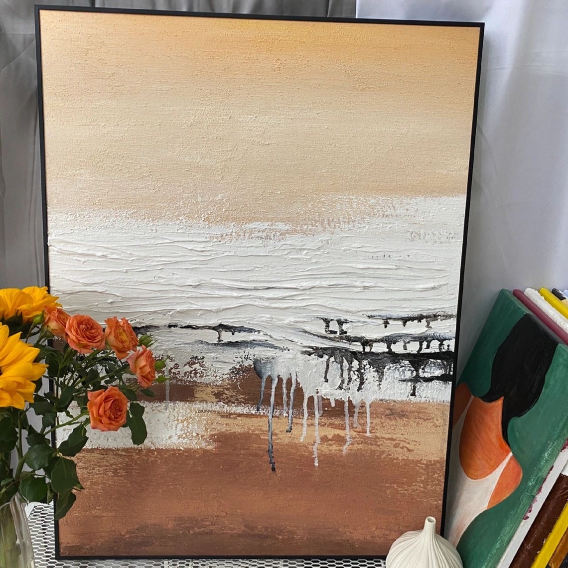 Brown And White Abstract Painting On White Wall Art White Textured Painting Brown Painting Beige White Abstract Wall Art - Image 4