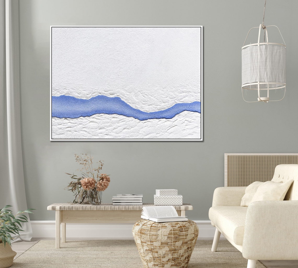Large White Abstract Painting On Wall Art White Minimalist Painting White Textured Wall Art Blue River Abstract Painting - Image 3