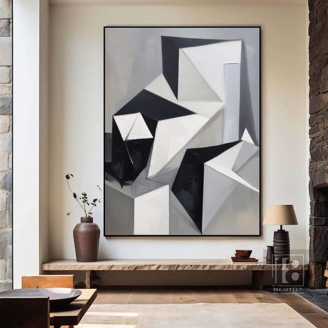 Minimalist Abstract Painting On Modern Geometric Oil Painting Black Gray White Painting Textured Wall Art Living Room Wall Decor - Image 3