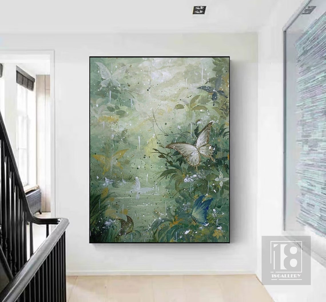 Large Green Abstract Painting Butterfly Landscape Painting Modern Painting Texture Wall Art Oil Painting Artwork For Living Room - Image 2