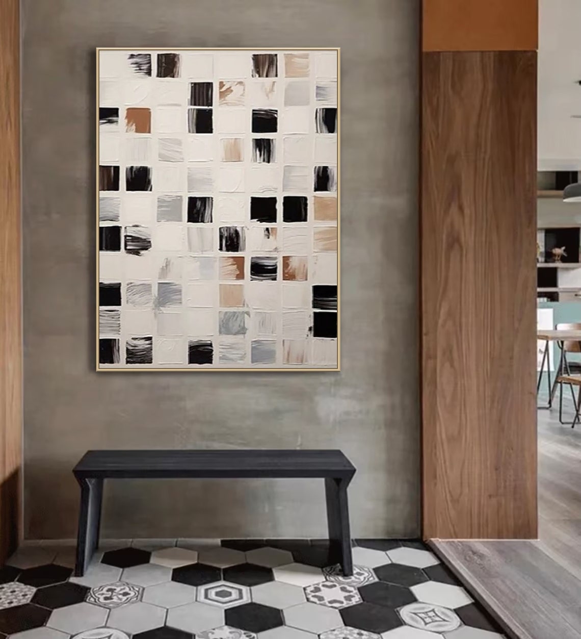Neutral Grid Squares with Tan and Black Brushstrokes Modern Art Poster - Image 5