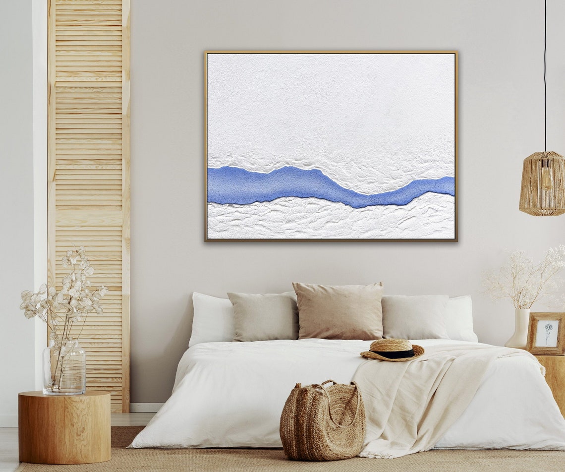 Large White Abstract Painting On Wall Art White Minimalist Painting White Textured Wall Art Blue River Abstract Painting - Image 4