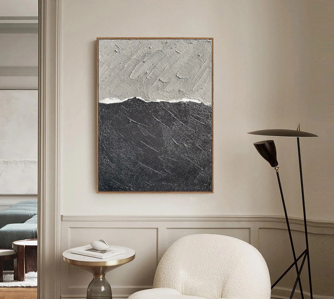 Torn Horizon Gray Sky Over Black Sea Textured Abstract Poster - Image 2
