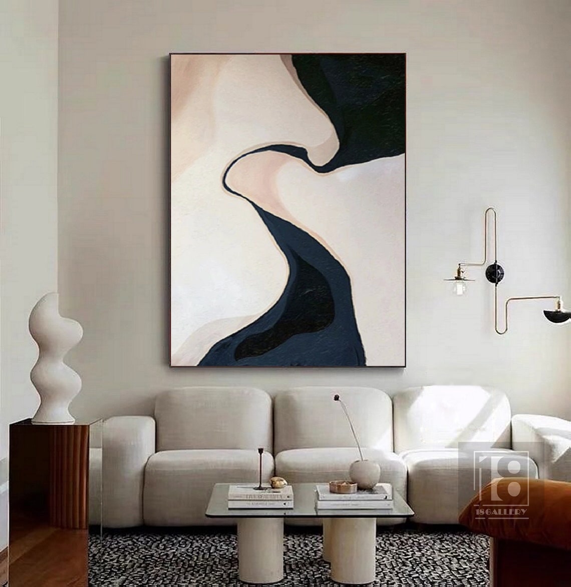 Navy Blue Flowing Wave on Ivory Minimalist Abstract Painting Poster - Image 4