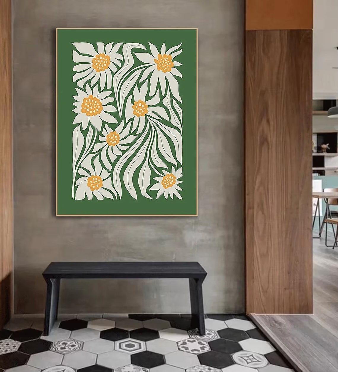 Green Retro Daisy Floral Art With Mustard Centers Botanical Poster - Image 5
