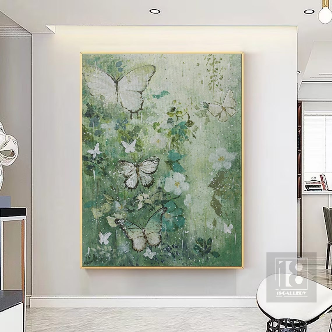Large Butterfly Landscape Painting Modern Butterfly Painting Abstract Texture Wall Art Green Oil Painting Artwork For Living Room - Image 3