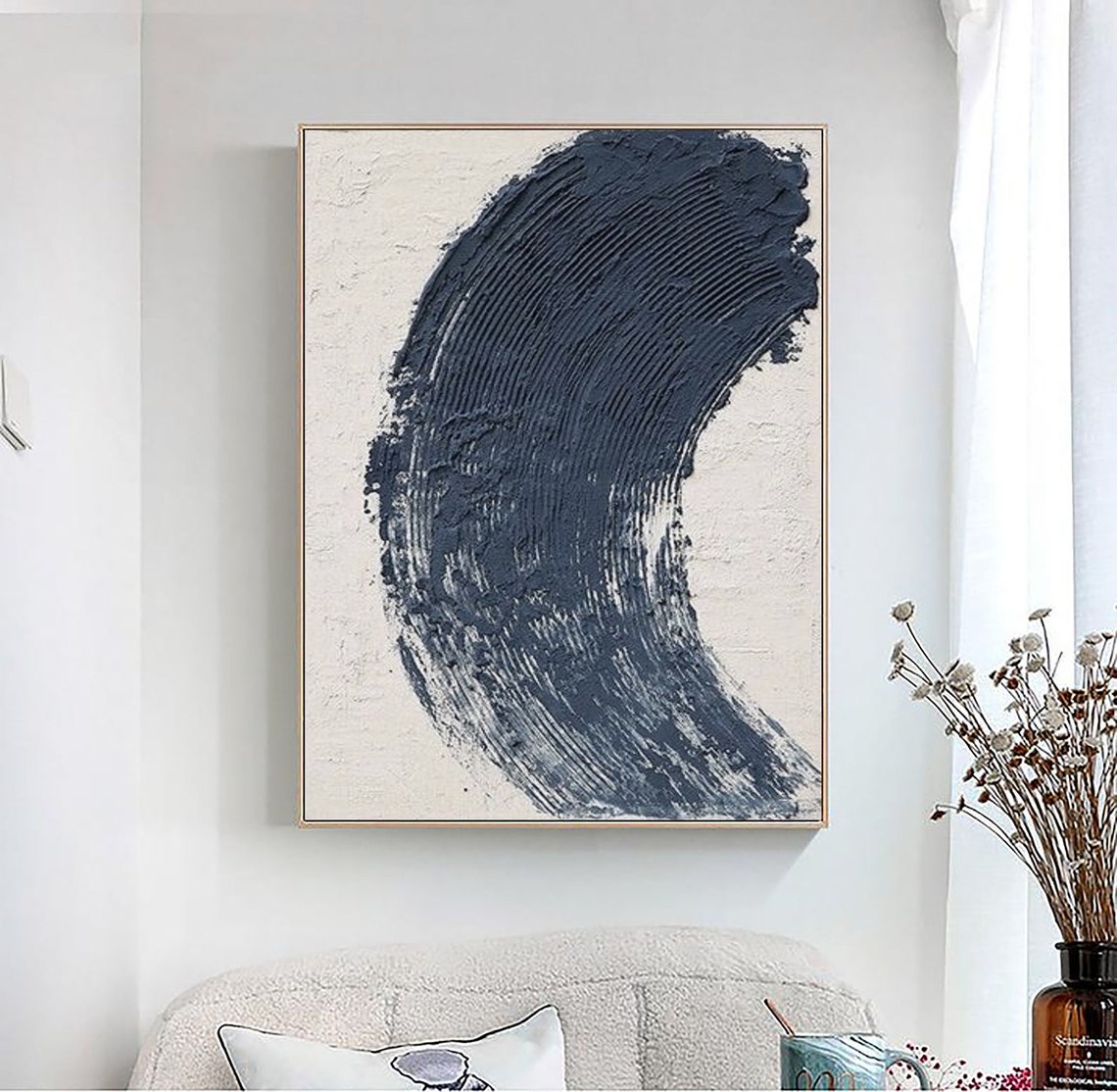 Navy Blue Sweeping Textured Brushstroke Abstract Minimalist Poster - Image 4