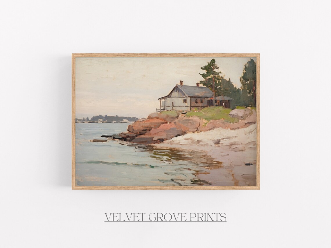 Coastal Seaside Cottage Rocky Shore Vintage Oil Painting Poster