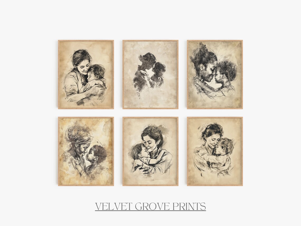 Six Vintage Style Mother And Child Charcoal Sketches Gallery Wall Art