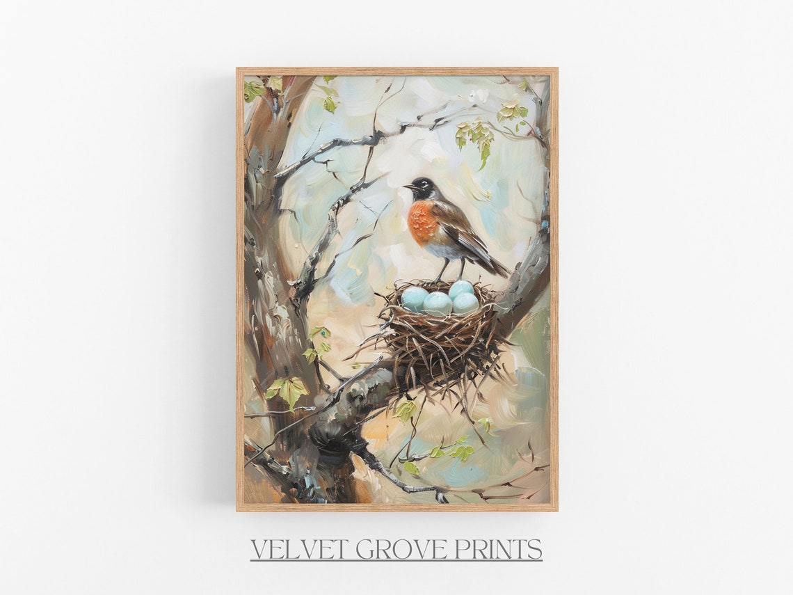 Robin On Nest With Blue Eggs Vintage Spring Bird Oil Painting Poster