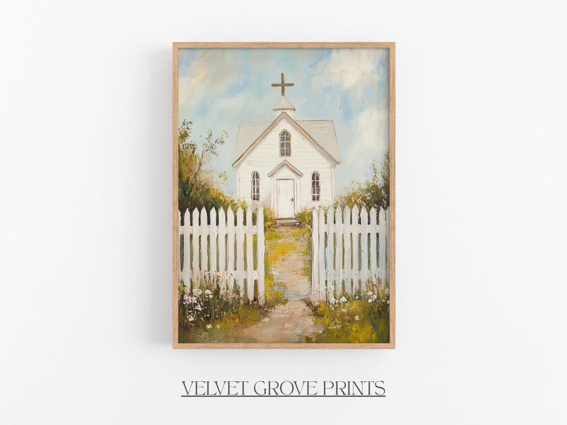 White Country Church Picket Fence Vintage Oil Painting Poster