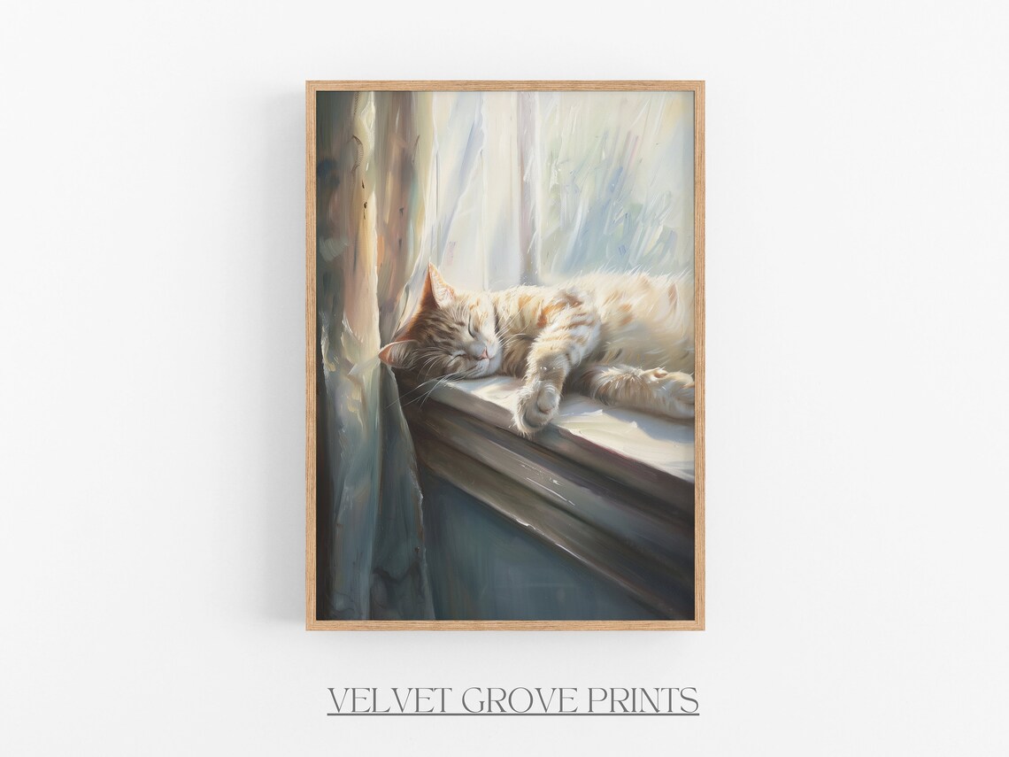 Sleeping Orange Tabby Cat on Sunlit Windowsill Oil Painting Print
