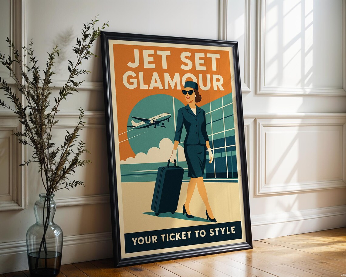 Jet Set Glamour Retro Airline Travel Poster 1960s Flight Attendant