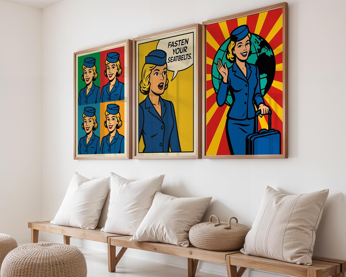 Retro Flight Attendant Pop Art Poster Set
