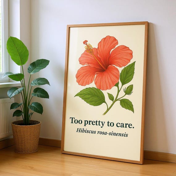 Hibiscus Flower Art Print Botanical Illustration Tropical Wall Decor