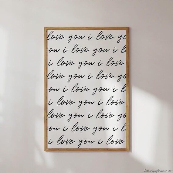 I Love You Repeat Print Black And White Cursive Script Minimalist Cute Preppy Calligraphy Handwritten Typography Poster Instant Download