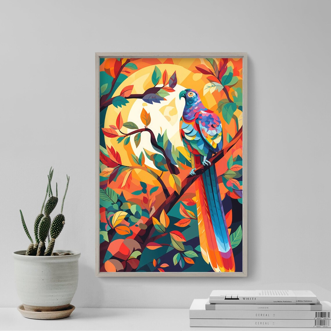 Colorful Macaw Parrot Golden Sun Geometric Tropical Bird Poster Art