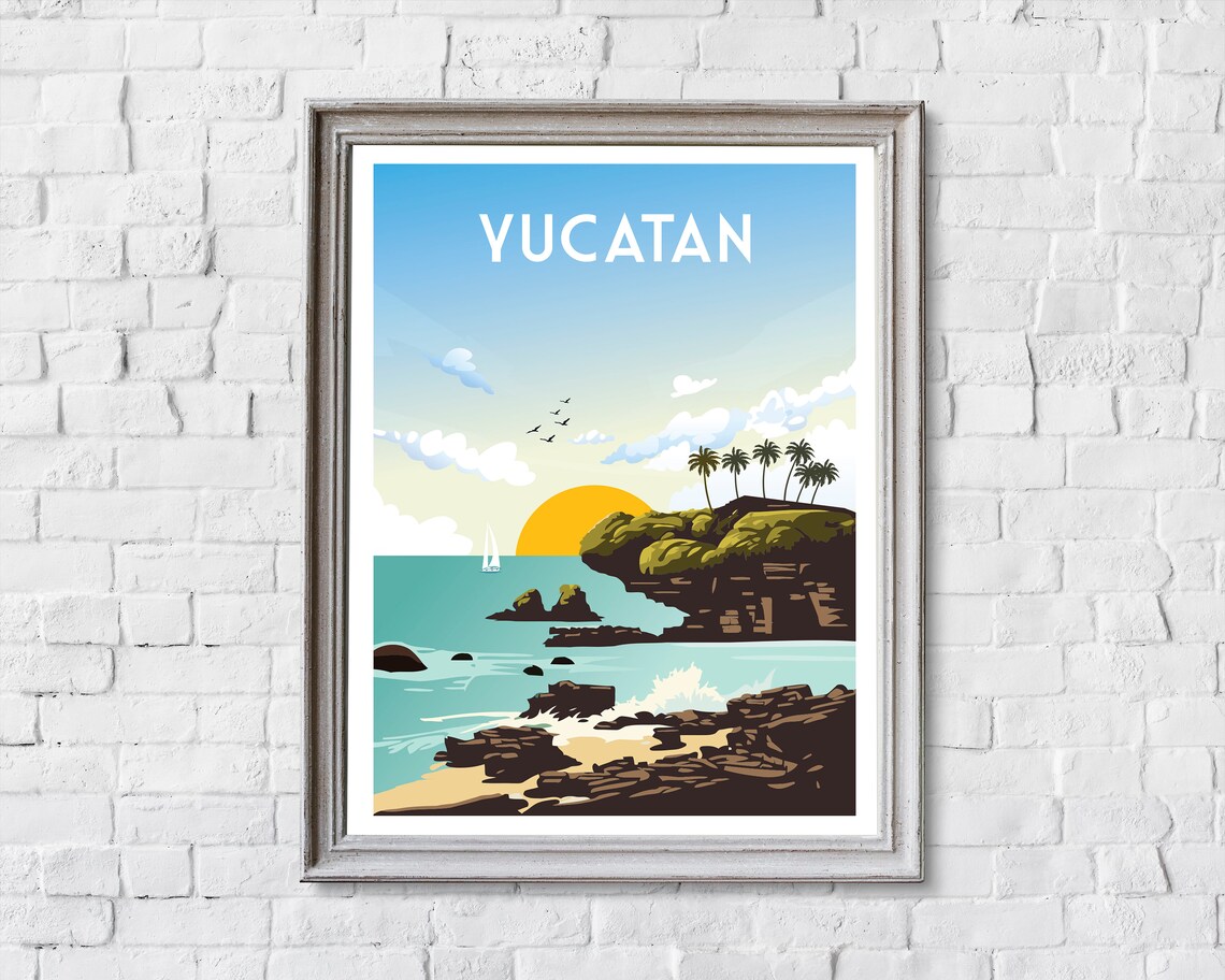 Yucatan Mexico Dramatic Rocky Coast Sunset Palms Travel Poster - Image 2