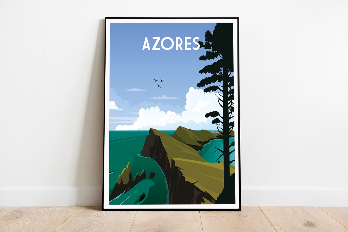 Azores Portugal Dramatic Volcanic Coastal Cliffs Retro Travel Poster - Image 2