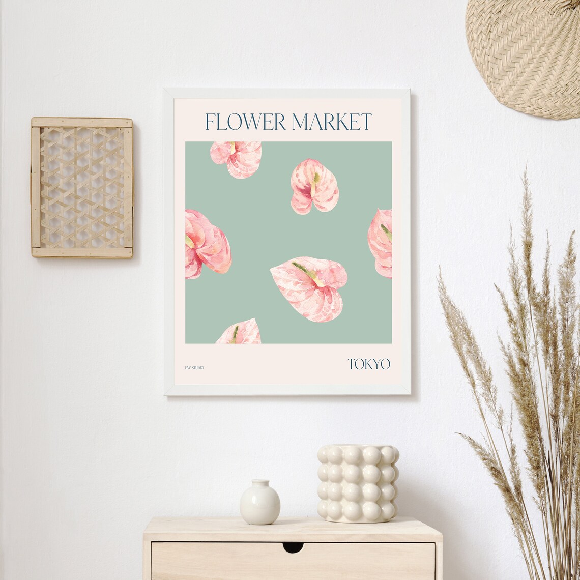 Flower Market Tokyo Pink Anthuriums on Sage Green Travel Poster - Image 3