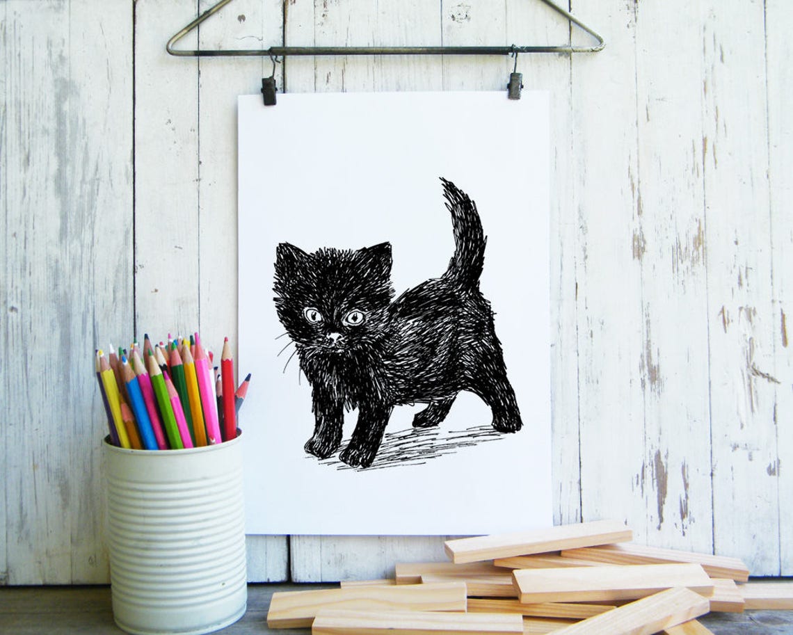Black Kitten Ink Sketch Cute Cat Line Art Minimalist Animal Wall Art - Image 3